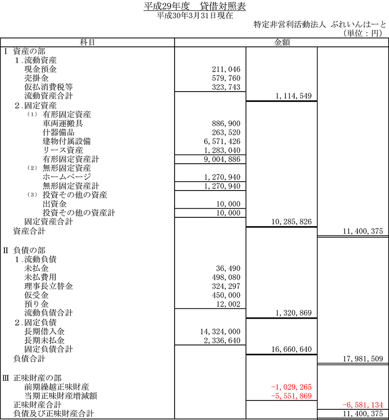 平成29年度　貸借対照表